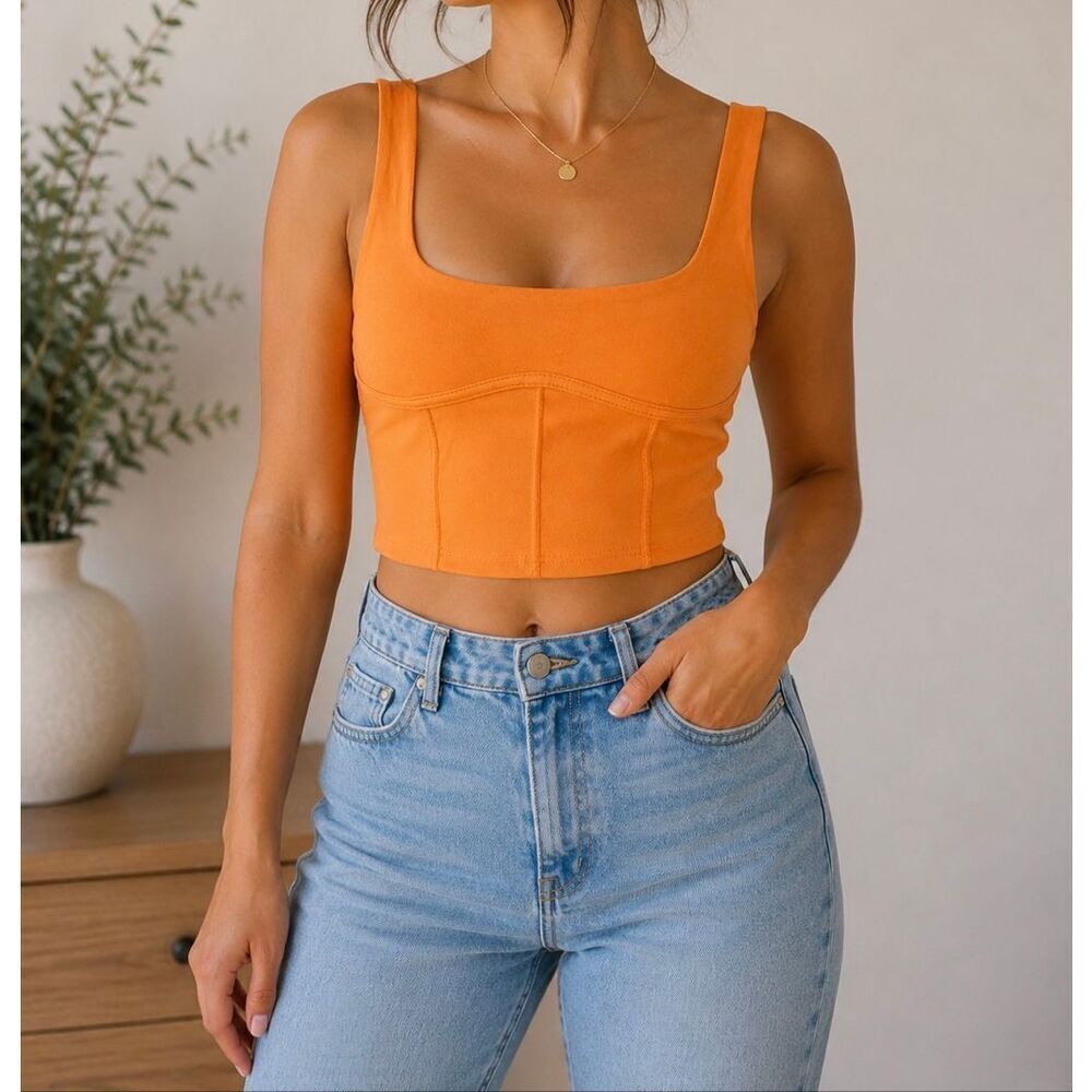 Live In the Moment Orange Crop Tank Top Size M Corset Seam Y2K